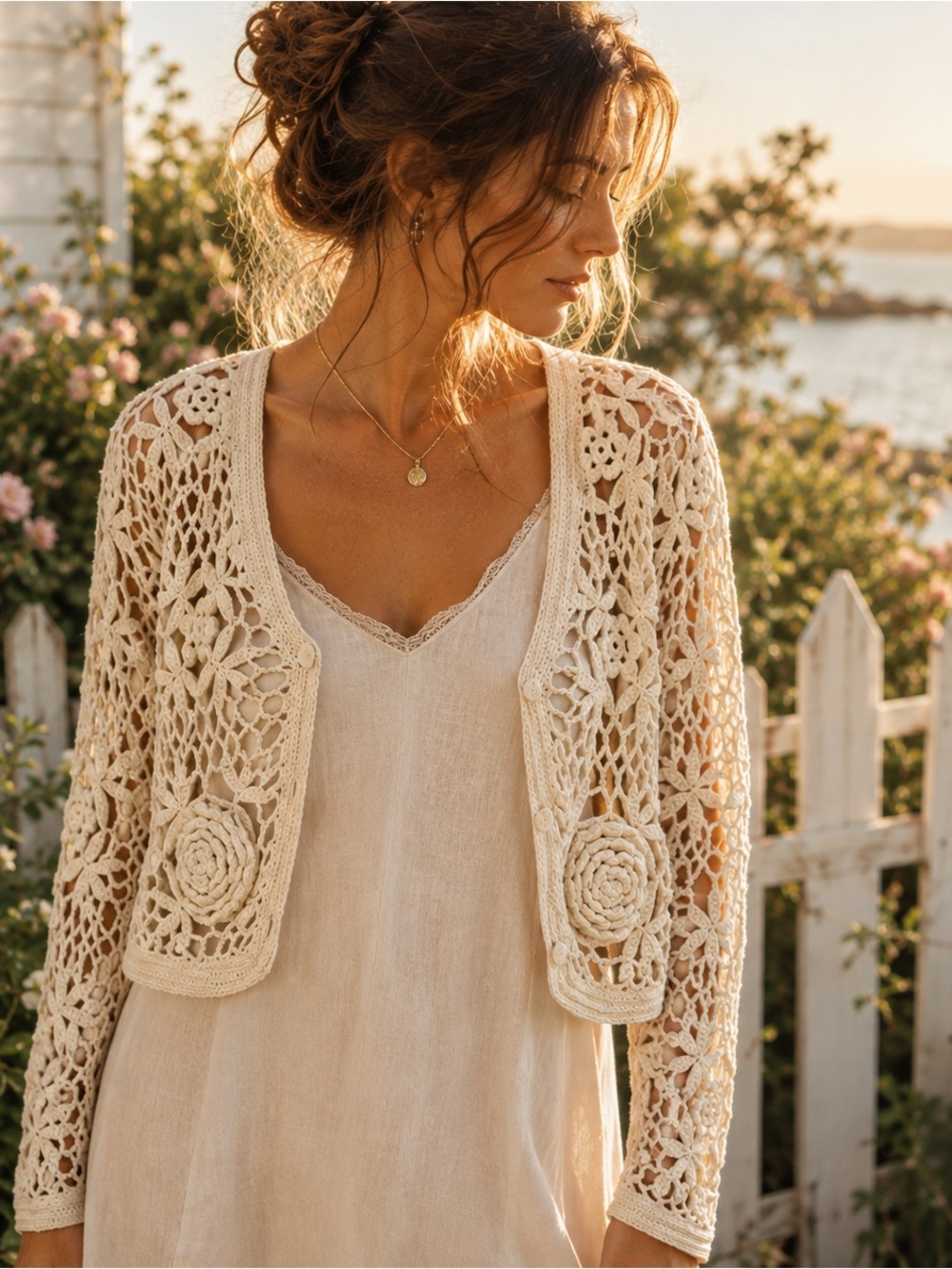 Vintage 90s Crochet Floral Cardigan Ivory Boho Cottagecore Cropped Open Knit M